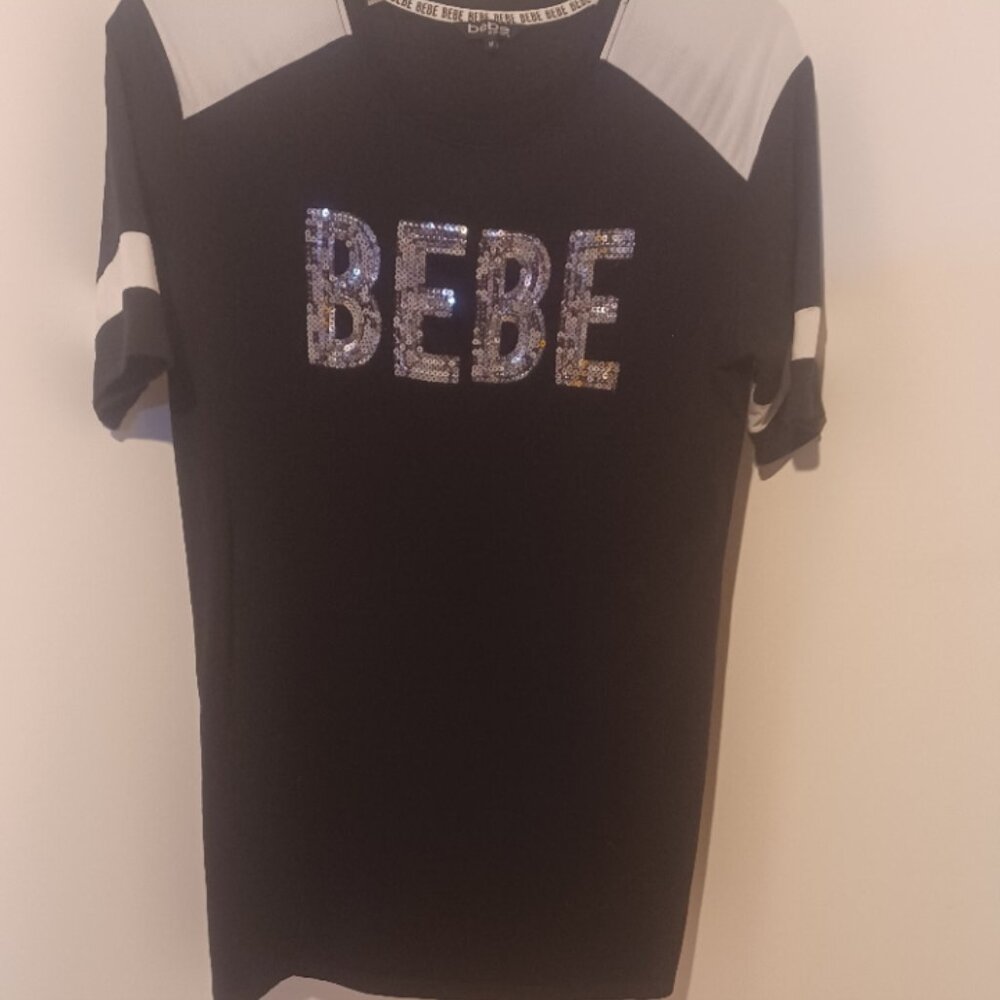 BEBE Bling Sequin Logo Striped Sleeve Tunic Black/White Med
